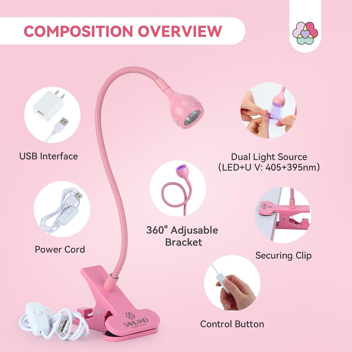 SAVILAND Gooseneck U V Lamp for Gel Nails: 2025 Pink LED U V Nail Gel Lamp 10s Flash Cure Light Gel Nail Tips Lamp with Desk Clip for Gel Nail Polish Mini Nail Dryer for Manicure Gel Light-Velvo Beauty