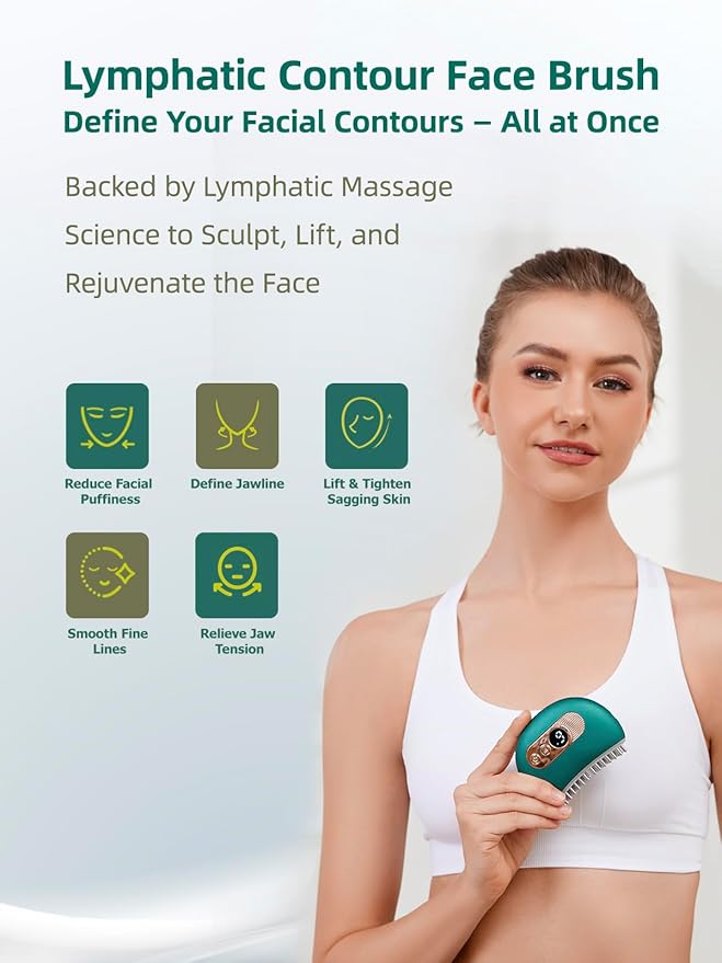 Lymphatic Contour Face Brush – Face Massager for Lymphatic Drainage, Double Chin Reducer, and Facial Sculpting – Gentle Vibrating Lymphatic Drainage Tool for Jawline & Puffiness - Green-Velvo Beauty