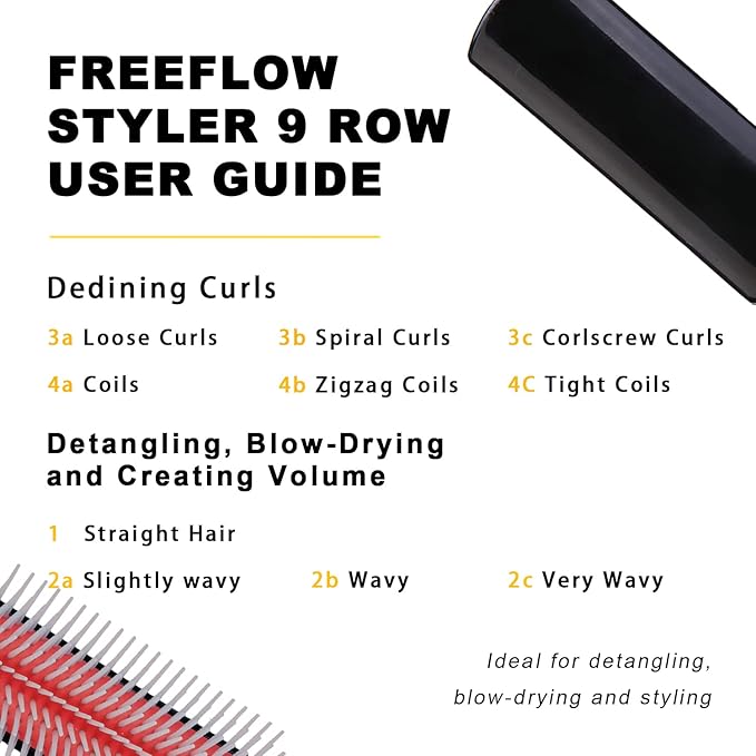 Classic Styling Curly Hair Brush. 9 Row Black Brush for Detangling, Separating, Shaping. For Women and Men Wet or Dry Hair.-Velvo Beauty