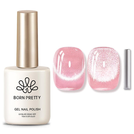 BORN PRETTY Cat Magnetic Eye Gel Nail Polish,Pink Myrtle Glitter Cat Magnetic Gel Nail Polish, Holographic Magnetic Nail Polish for Nail Art Manicure Salon DIY at Home 15ML-Velvo Beauty
