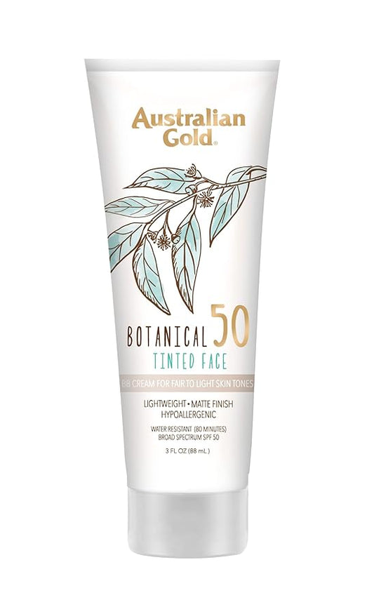 Australian Gold Botanical SPF 50 Tinted Face Sunscreen, Non-Chemical BB Cream, Water-Resistant, Matte Finish, Sensitive Skin, 3 FL Oz-Velvo Beauty