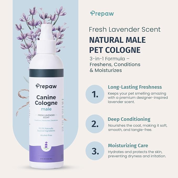 Luxury Male Pet Cologne - Fresh Lavender Scent, 3-in-1 Formula Conditions & Moisturizes, Made with 94% Natural Ingredients, Long Lasting Fragrance, Safe & Easy to Use | 8 fl oz-Velvo Beauty