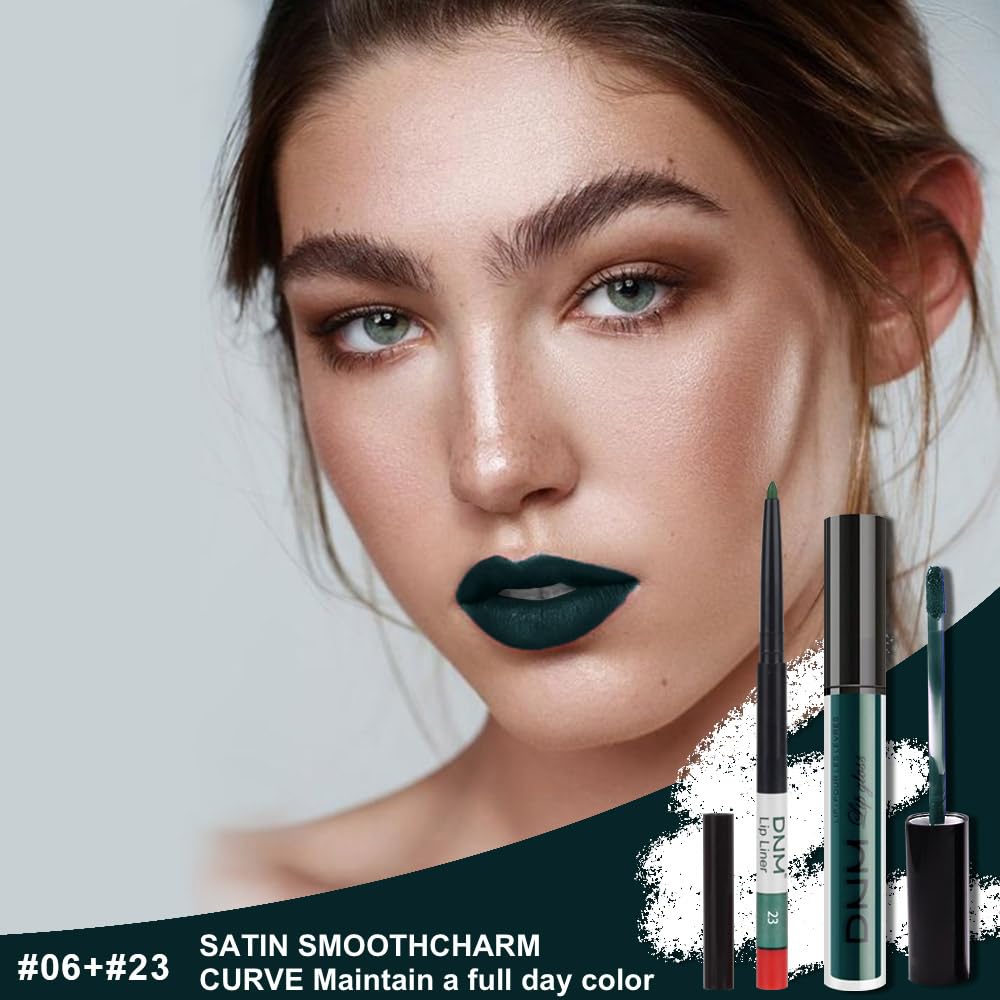 evpct 2Pcs Matte Dark Green Lipstick and Lip Liner Gloss Makeup Set matt Matte Liquid Lipstick Long Lasting Set 24H and with Lip Liner 23#-Velvo Beauty