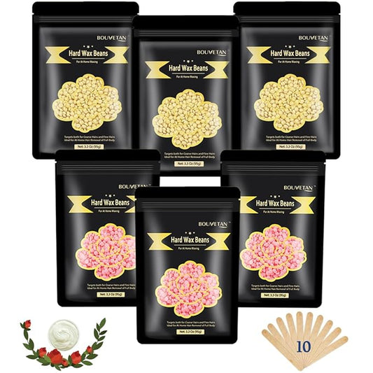 Hard Wax Beads for Hair Removal, Bouvetan 1.3Lb/21oz Wax Beans for Brazilian Waxing, Eyebrow, Face, Bikini, Legs, Arms for Women Men Hair Removal with 10pcs Sticks, 6 Packs-Velvo Beauty