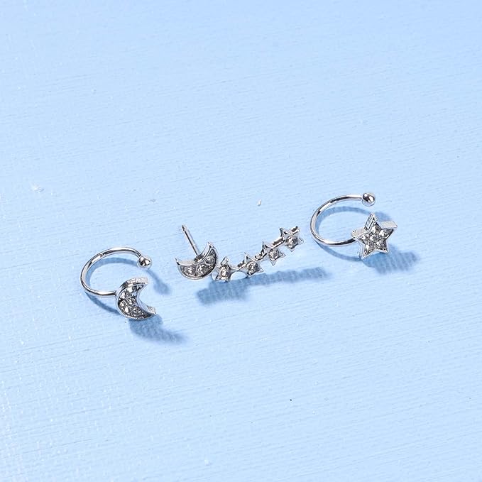 Boho Moon Star Ear Climber Earrings Silver Cz Star Ear Crawler Earrings Vintage Rhinestone Moon Cuff Earrings Cartilage Star Trailing Earrings Celestial Jewelry for Women and Girls Gifts-Velvo Beauty