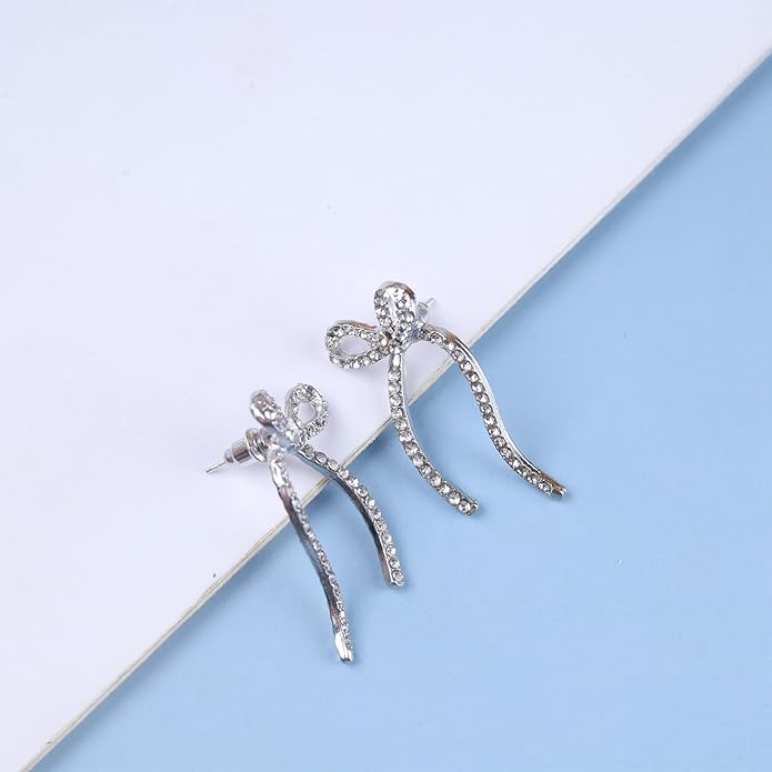 Vintage Crystal Bow Earrings Rhinestone Bow Drop Earrings Long Cz Rhinestone Earrings Gold Bow Cz Stud Earrings Jewelry for Women-Velvo Beauty