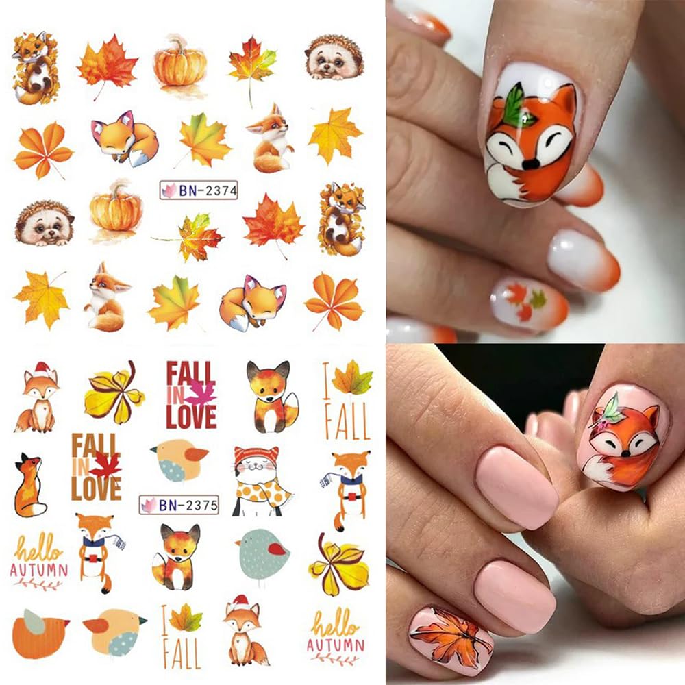 Maple Leaf Nail Art Stickers Fall Nails Water Transfer Slider Foils Autumn Nail Decorations, Harvest Pumpkin Pinecone Maple Leaves Pattern Acrylic Nail Sticker for Thanksgiving Nail Art Supplies 12Pcs-Velvo Beauty
