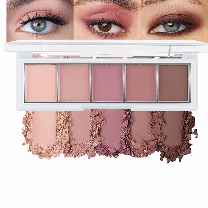 5 Colors Matte Pink Eyeshadow Makeup Palette, Nude Pink Rose Mauve Brown Cocoa Neutral Matte Cream Mini Eye Shadow Palette Makeup for Older Women Blue Green Eye, Blush Contour Palettes sombras de ojos-Velvo Beauty