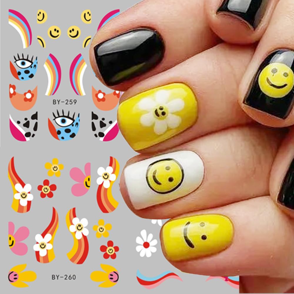 Abstract French Tips Nail Art Stickers Decals Colorful Sun Flower Smiling Nail Foils Sticker Water Transfer Nail Decals Rainbow Design Acrylic Nail Sticker for Nail Art Women Nail Decoration 12Pcs-Velvo Beauty