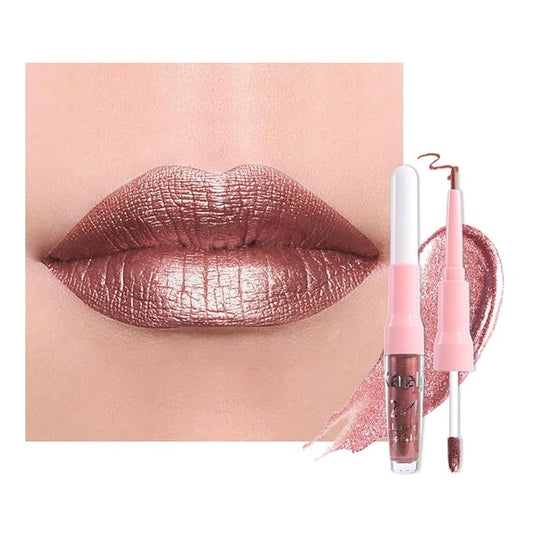 evpct Dark Bronze Metallic Shimmer Lip Liner and Lipstick Combo Lip Gloss Stains Set Makeup for Women Long Lasting Waterproof 24, Iced Mocha Frosted Metallic Glitter Glossy iridescent Liquid Lipstick-Velvo Beauty