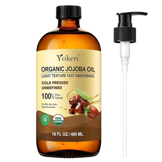 Yoken Organic Jojoba Oil Glass Bottle 16 fl oz, USDA Certified 100% Pure & Natural Jojoba Oil for Hair, Skin & Face, Cold Pressed Unrefined Hexane Free, Deeply Moisturizing Body Serum for Gua Sha-Velvo Beauty