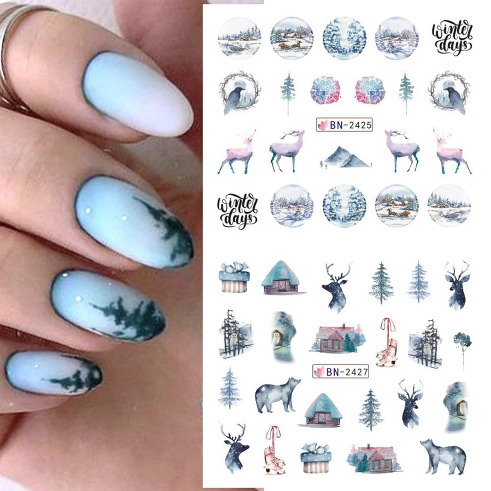 Christmas Nail Art Stickers Snowflake Water Transfer Nail Decals Winter Snow Flake Elk Cold Ice Bear Tree Nail Design Stickers for Nail Art Acrylic Watermark Nail Foils for Christmas Nail Decor 12Pcs-Velvo Beauty