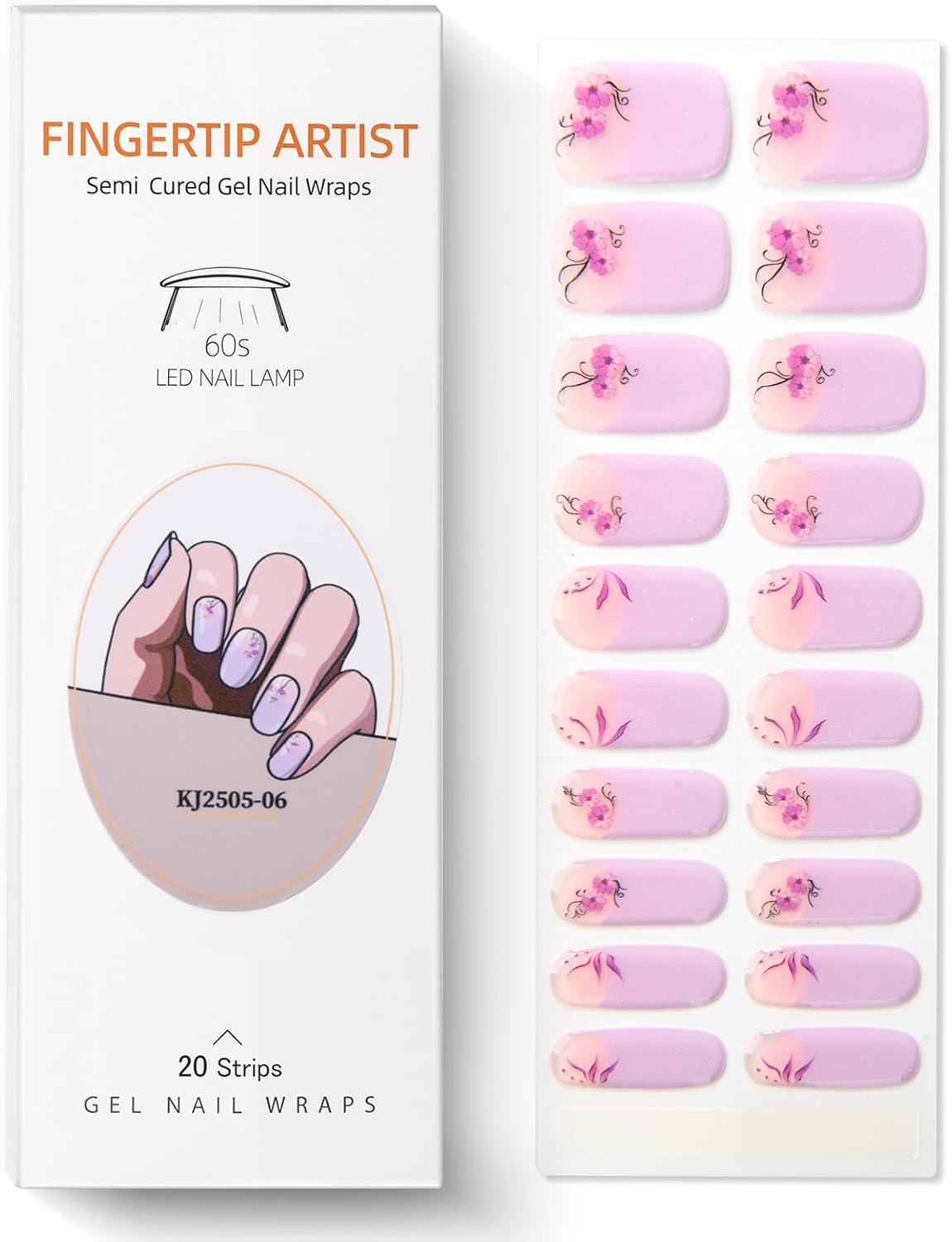Semi Cured Gel Nail Strips French Tip Gel Nail Strips with Flower Designs Glossy Pink Stickers Wraps Need UV/LED Light Salon Quality & Easy to Use for Women 20 Pcs-Velvo Beauty