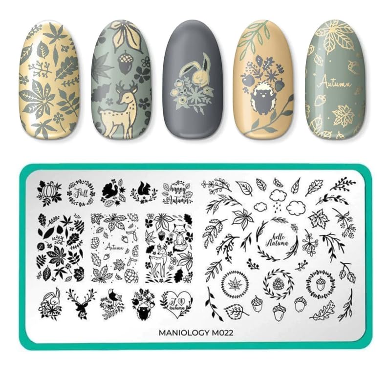 Maniology Friendly Forest Nail Stamping Starter Kit | Autumn Designs with Woodland Creatures, Fall Leaves & Cozy Seasonal DIY Manicures – with Stamping Plate, Polish, Top Coat, Stamper & Scraper Card-Velvo Beauty