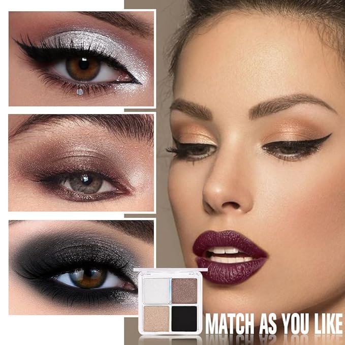 4 Colors Dark Brown Gold Silver Black Eye Shadow Powder Palette Makeup, Neutral Matte Shimmer Cream Quads Eyeshadow Palette for Women Highly Pigmented Waterproof, paleta de sombras de ojos 04-Velvo Beauty