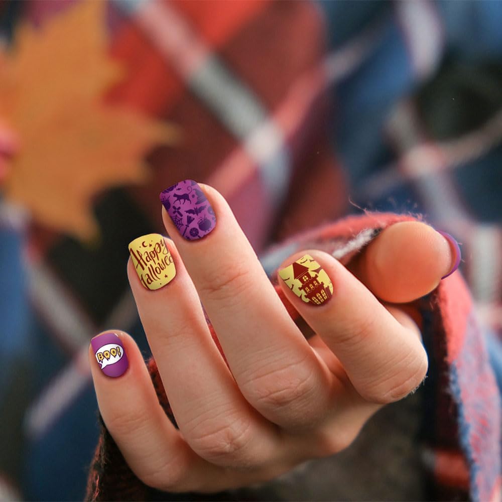 ALIBBON 6 Pcs Halloween Nail Stamping Plates Set, Ghost Pumpkin Background Nail Art Stamp Templates, Cat Spider Web Stamp Templates Kit, Castle Grave Metal Nail Plates for DIY Printing Decor-Velvo Beauty