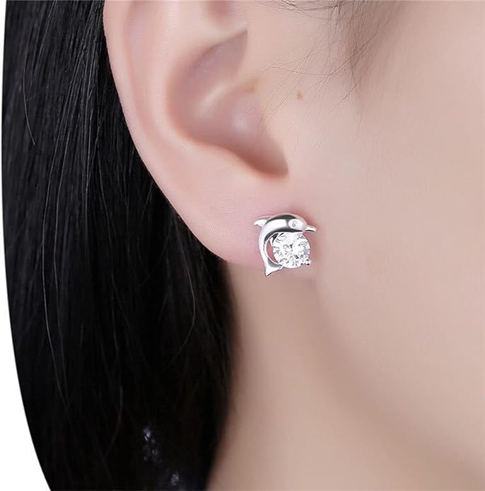 Silver Dolphin CZ Earrings Cute Animal Stud Earrings Tiny Earring Jackets Gifts for Women and Girls-Velvo Beauty