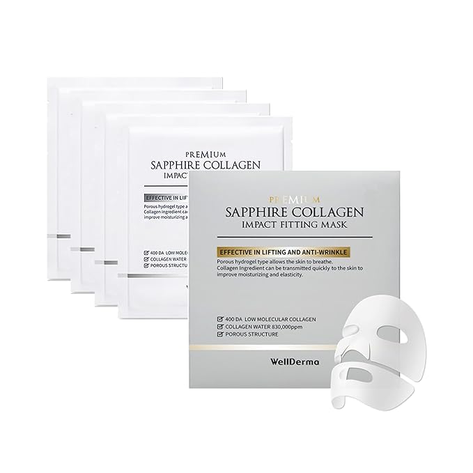 WELLDERMA Sapphire Collagen Face Mask Premium Impact Fitting Overnight Face Mask 16EA-Korean Face Sheet Mask for all skin type-Hydrating facial mask sheets-Patented Structure Hydrogel Type-Niacinamide-Velvo Beauty
