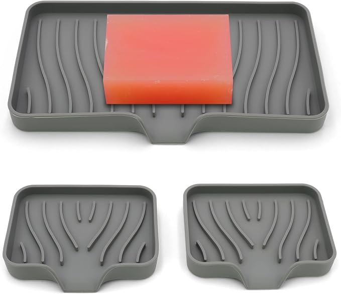 3-Pack Silicone Soap Dish, Sponge Holder for Sink, Kitchen Soap Tray, Bathroom Soap Holder, Sponge Tray with Drain (Grey)-Velvo Beauty