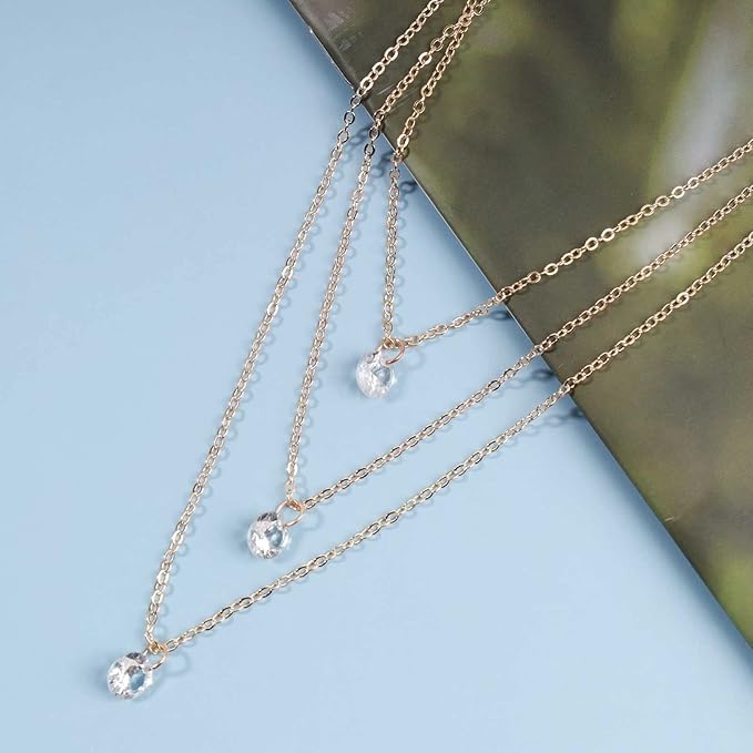 Boho Layered Crystal Necklace Choker Gold Bezel Pendant Necklace Multi Layering Vintage Necklace Chain Cz Bridal Necklace Chain Jewelry for Women and Girls-Velvo Beauty