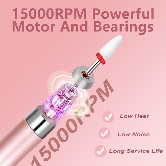 Electric Nail Drill File Cordless,Portable Rechargeable Nail File Kit for Acrylic & Gel Nails,Professional Efile for Manicure Pedicure Polishing,with 12 Nail Drill Bits 31 Sanding Bands,Rose Gold-Velvo Beauty