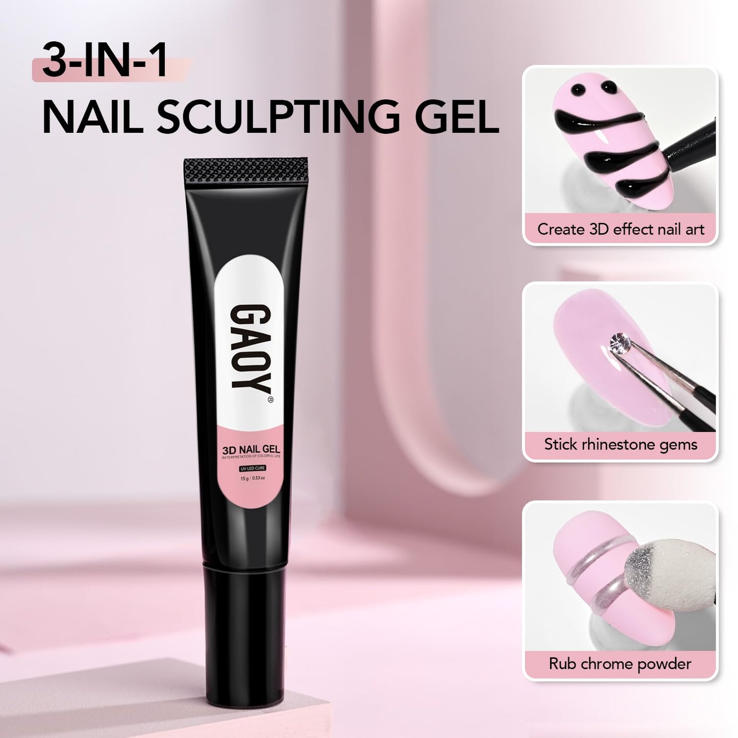 GAOY Black 3D Nail Gel, 15g Sculpting Gel for 3D Nail Art Designs Carving, Molding, Painting, No Wipe Gel for Gems & Charms Decoration, Salon DIY Use-Velvo Beauty