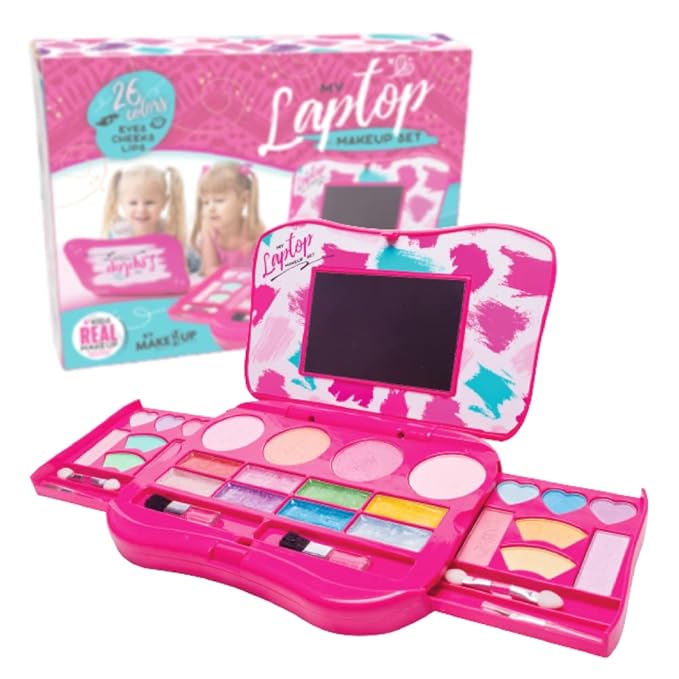 My First Makeup Set for Young Girls I Kids Makeup Kit for Little Girls I Foldable Makeup Palette with Makeup Mirror I Pink Set Makeup for Kids Vanity I Washable Laptop Design Toddler Makeup Kit Gift-Velvo Beauty
