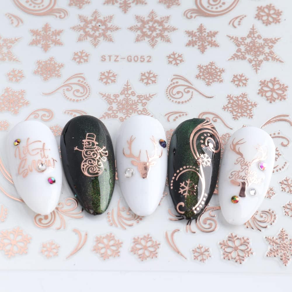 JMEOWIO 9 Sheets Christmas Nail Art Stickers Decals Self-Adhesive Pegatinas Uñas Navidad Rose Gold Winter Holiday Xmas Snowflake Nail Supplies Nail Art Design Decoration Accessories-Velvo Beauty