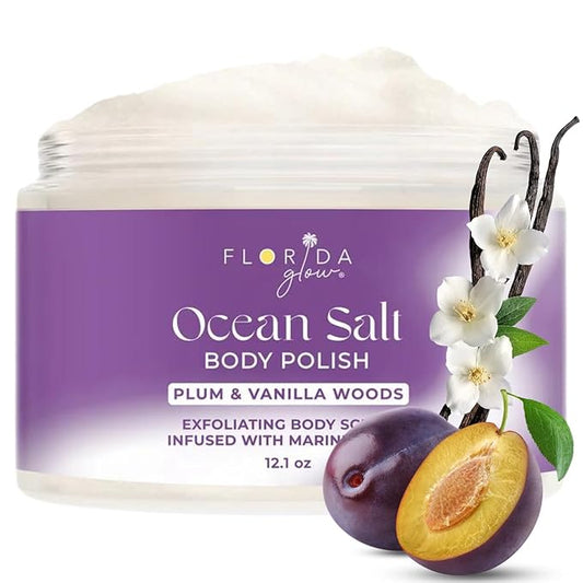 Sea Salt Body Scrub by Florida Suncare - Ocean Salt Body Polish Infused with Marine Algae - Exfoliating Face and Body Scrub, Facial Scrub Exfoliator to Tackle Acne, Scars (Plum & Vanilla Woods 12.1oz)-Velvo Beauty