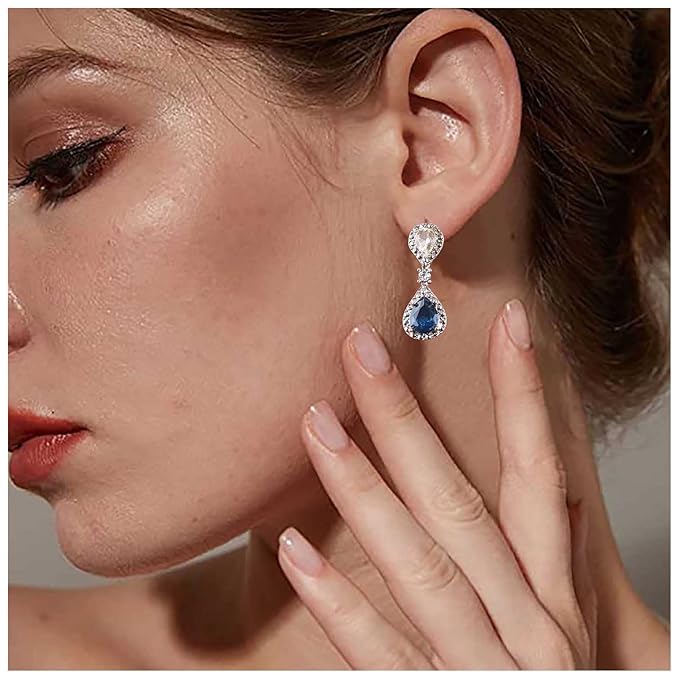 Vintage Sapphire Drop Earrings Oval Sapphire Crystal Earrings Silver Teardrop Rhinestone Stud Earrings Blue Crystal Wedding Earrings Jewelry for Women and Girls Gifts-Velvo Beauty