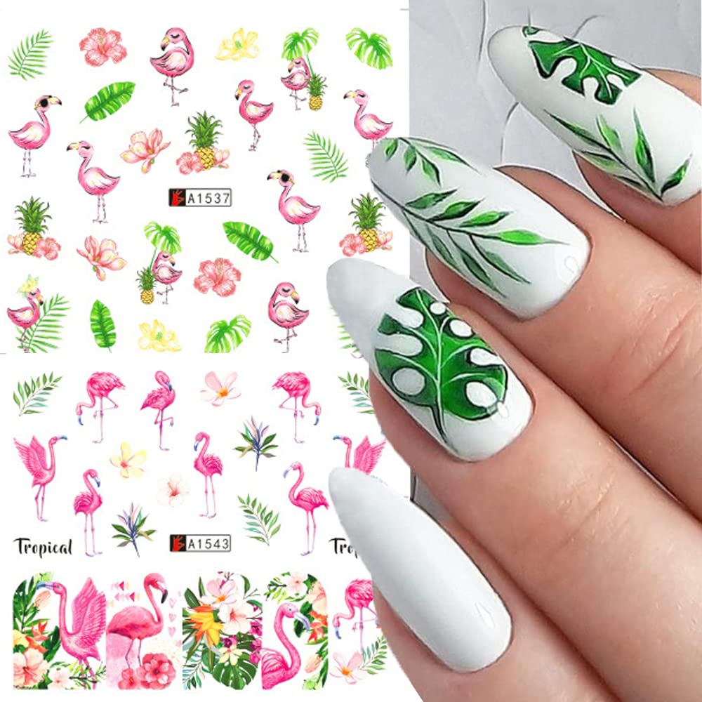 12 Sheet Flamingo Nail Art Stickers Cute Flamingo Green Leaf Design Water Transfer Nail Decals Summer Nail Art Decorations Waterproof Acrylic Nail Stickers for Women DIY Manicure Tips-Velvo Beauty