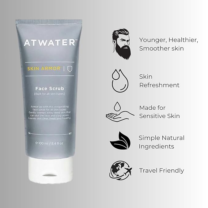 ATWATER Skin Armor Exfoliating Face Scrub, Men's Facial Cleanser with Jojoba Beads and Salicylic Acid, Non-Abrasive Skin Exfoliator for All Skin Types - 3.4 oz-Velvo Beauty