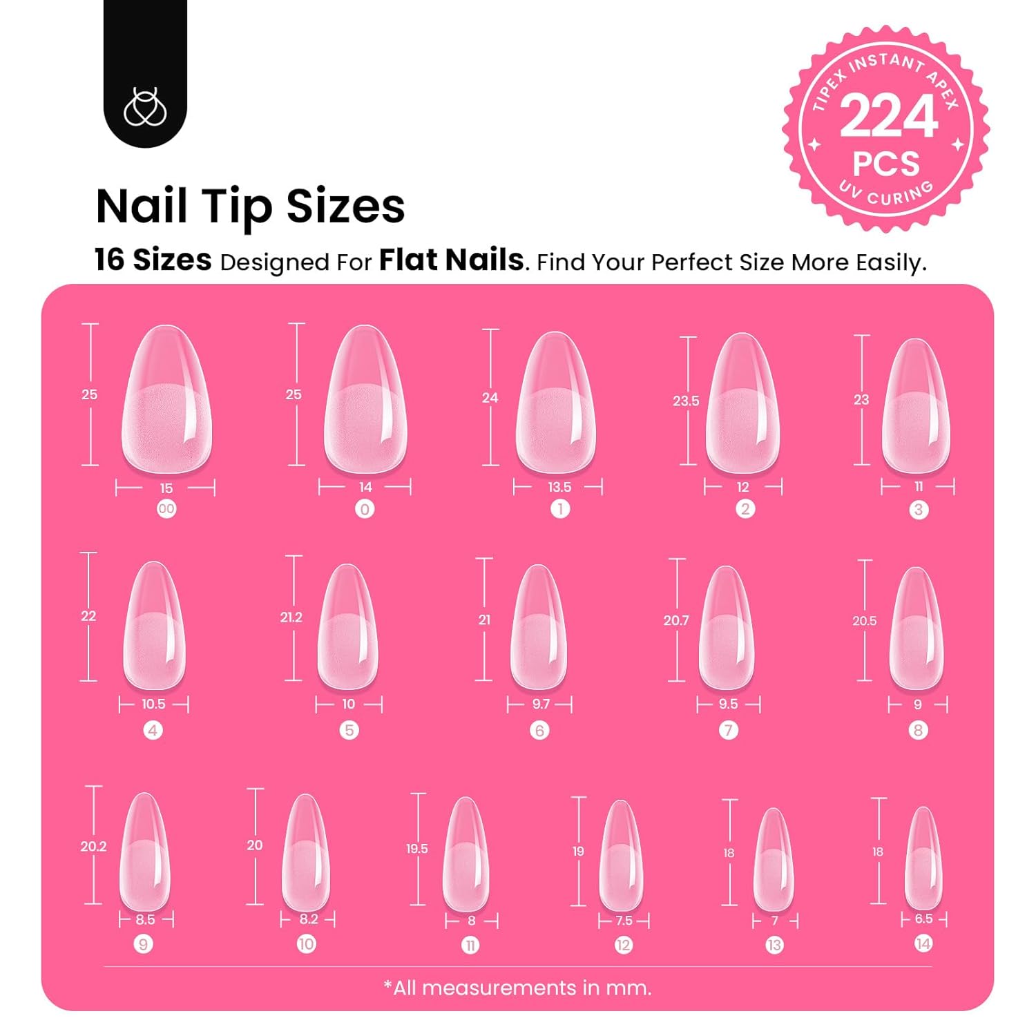 Beetles Tipex Instant Apex Nail Tips Kit, Medium Oval Almond 224Pcs 16 Sizes Pre-Building & Pre-Etched Thicker Acrylic Nails False Nail Extension with Tipex Nail Glue Mini Nail Lamp-Velvo Beauty