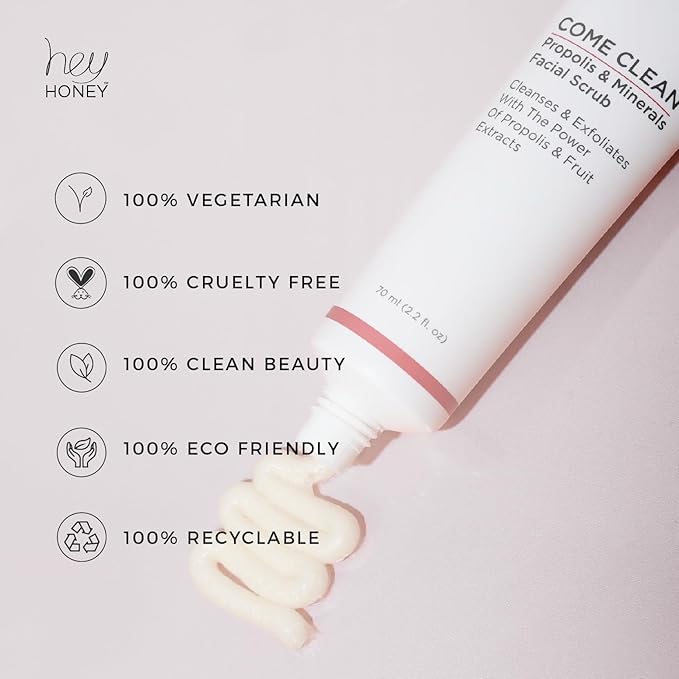 Hey Honey, Come Clean Propolis & Mineral Facial Scrub. Rich, Exfoliating, Dead Sea Salt Scrub designed to be gentle enough for even the most sensitive skin. 110ml-Velvo Beauty