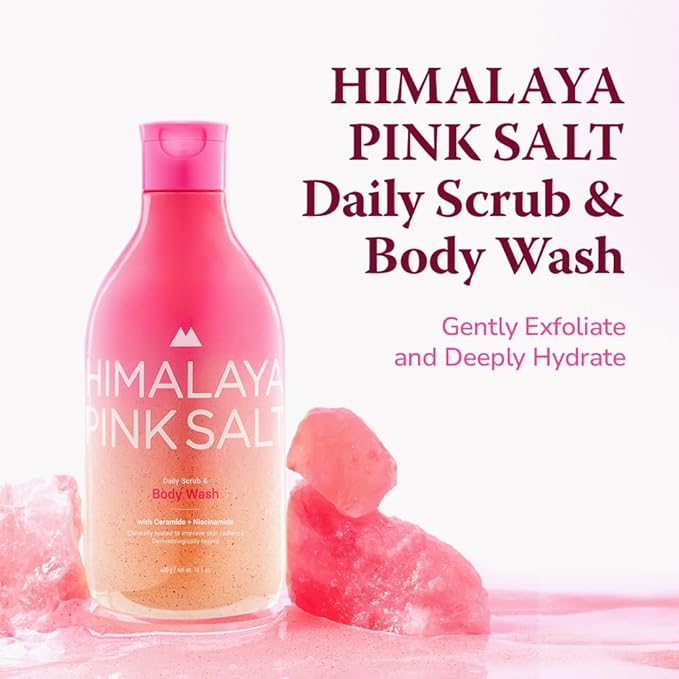 HIMALAYA PINKSALT Daily Scrub & Body Wash - Exfoliating Body Scrub, Dead Sea Salt & Himalayan Pink Salt, Natural Moisturizing Bodywash, Retinol & Hyaluronic Acid Shower Gel, Korean Skincare 14.1oz-Velvo Beauty