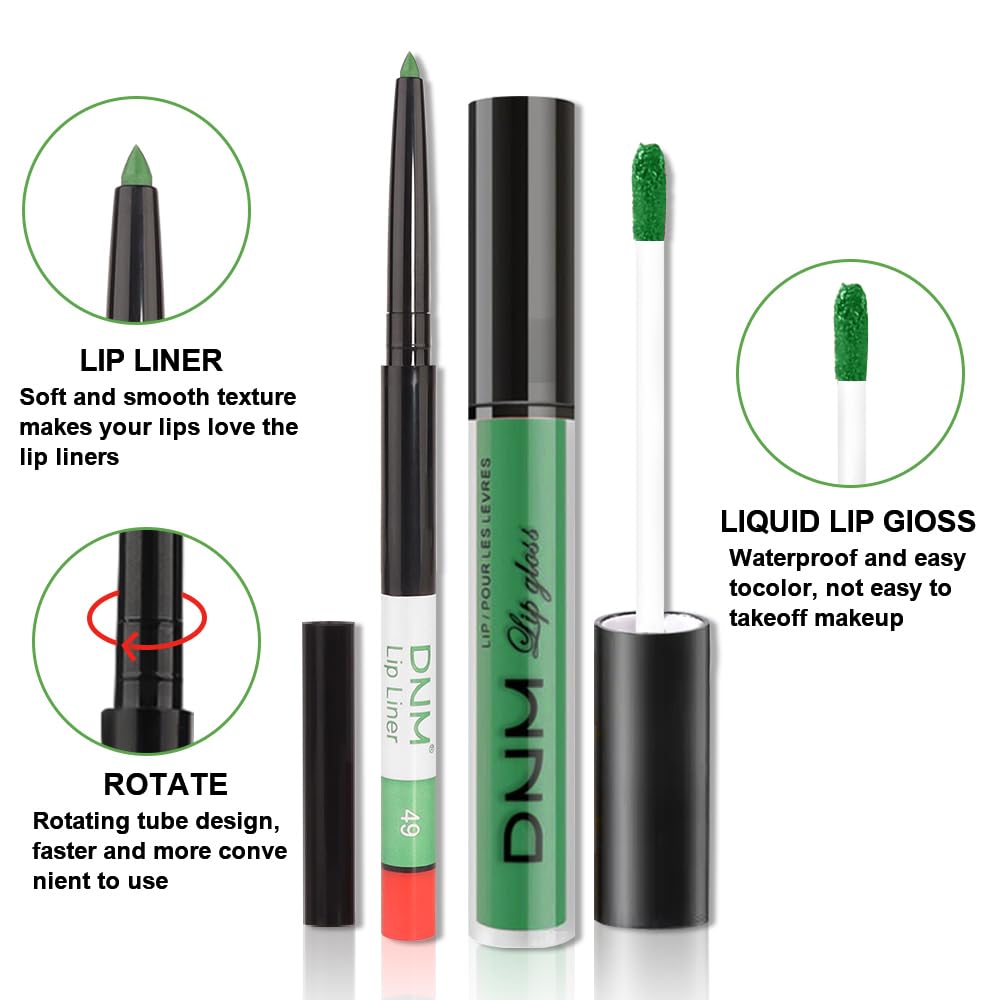 evpct 2Pcs Light Festival Green Matte Liquid Lipstick Lip Gloss Stain and Retractable Lip Liner Makeup Set for Women Long Lasting Waterproof 24 Hours Lipstick labial mate larga duracion 24 49#-Velvo Beauty