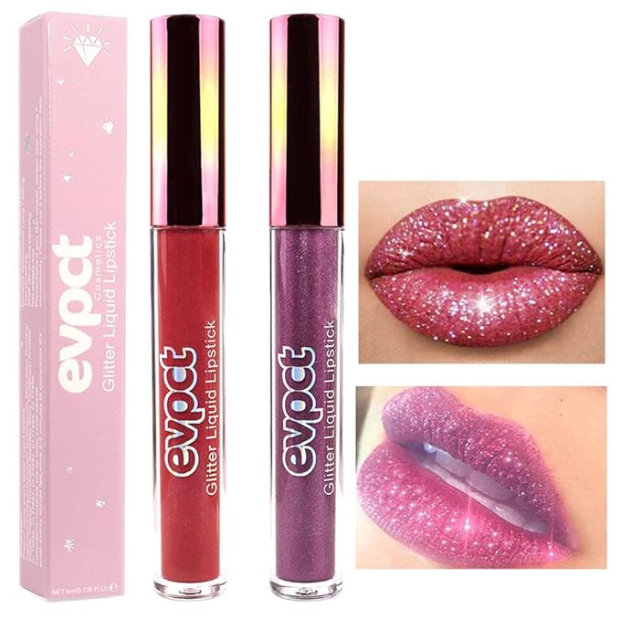 evpct 2Pcs Plum & Dark Wine Red Matte to Glitter Liquid Lipstick Long Lasting Lip Set Kit for Women Diamond Shiny Glitter Sparkly Glossy Metallic Shimmer Sparkle Waterproof Lipstick Lip Gloss 06+13-Velvo Beauty