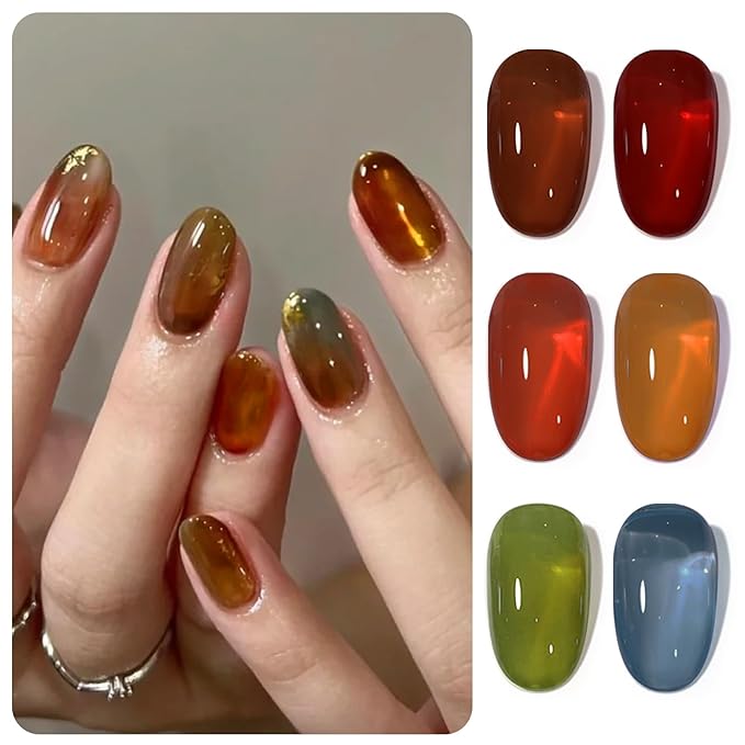 Born Pretty Jelly Gel Nail Polish, Sheer Transparent Crystal Gel Nail Polish, Christmas Brown Red Orange Green Blue Fall Winter Soak off Nail Polish Manicure DIY Home Salon Christmas Gift 7ml 6colors-Velvo Beauty