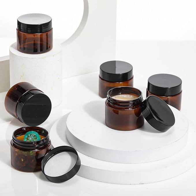 SATINIOR 24 Pieces Empty Clear Plastic Jars with Lids Round Storage Containers Wide Mouth for Beauty Product Cosmetic Cream Lotion Liquid Butter Craft and Food(Amber Lid,2 oz)-Velvo Beauty