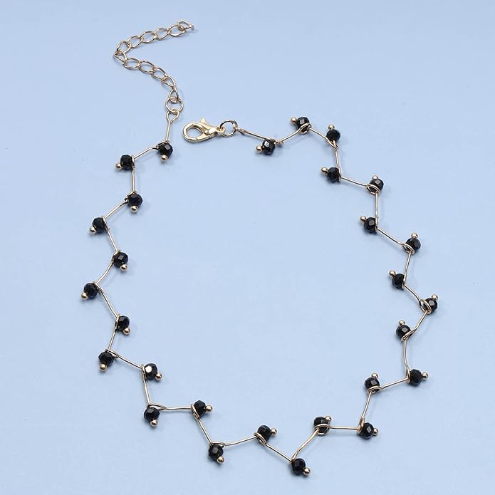Black Crystal Choker Necklace Short Black Beaded Choker Necklace Silver Chain Necklace Minimalist Necklace Jewelry for Women and Girls-Velvo Beauty