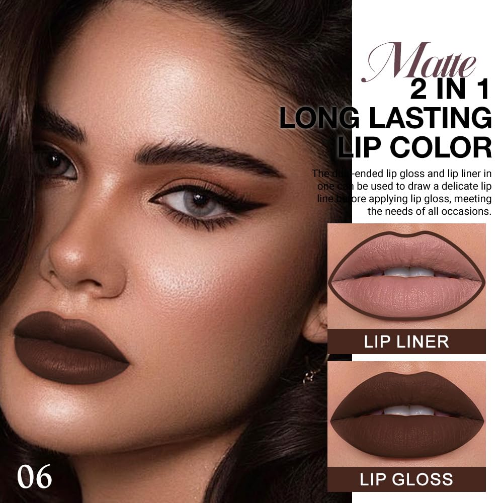 evpct 1Pcs Dark Deep Brown Chocolate Matte Lip Liner and Liquid Lipstick Stain Makeup Set for women, Long Lasting Smudge Proof Lipstick labiales matte mate larga duracion listip 24 hours originales,06-Velvo Beauty