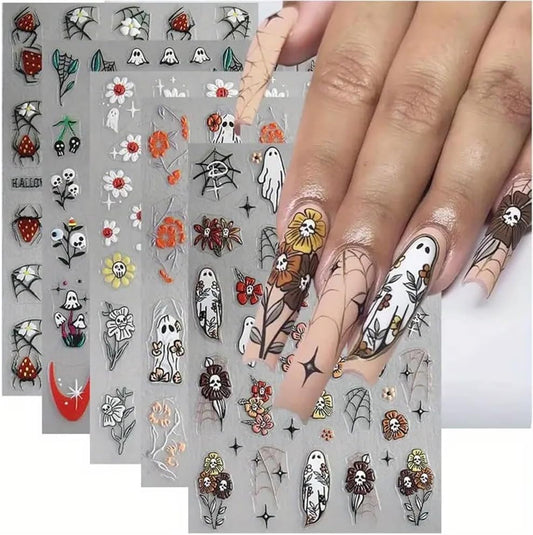 5 Sheets Halloween Nail Art Stickers Horror Ghost Self-Adhesive Embossed Flower Skull Nail Decals - with Cute Sunflower Strawberry Spider Ghost Designs for Women Girls DIY Nail Decoration-Velvo Beauty