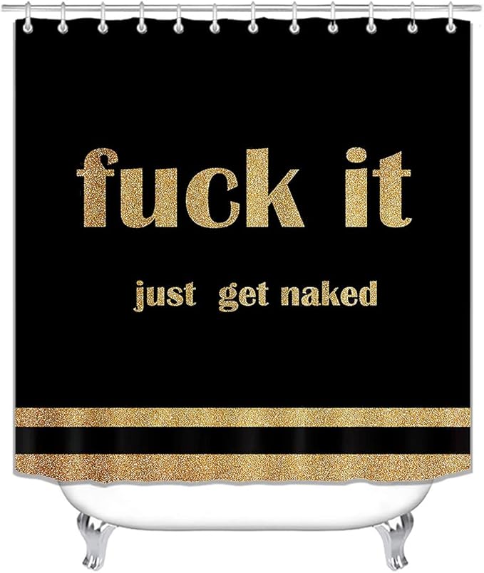 4PCS Gold Glitter Get Naked Shower Curtain Set, Funny Quote Stripe Luxury Glam Modern Dorm Bathroom Decor, Waterproof Fabric Black Shower Curtain, Non-Slip Bath Mat Toilet Rug, Just Get Naked-Velvo Beauty