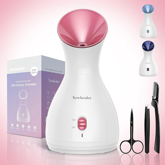 Newbealer 2in1 Facial Steamer, Hot Mist Facial Aromatherapy Humidifier Atomizer, Large Face Steamer Unclogs Pores Sinuses Moisturizing, Home Sauna Spa with Eyebrow Set (Red, 170ml)-Velvo Beauty