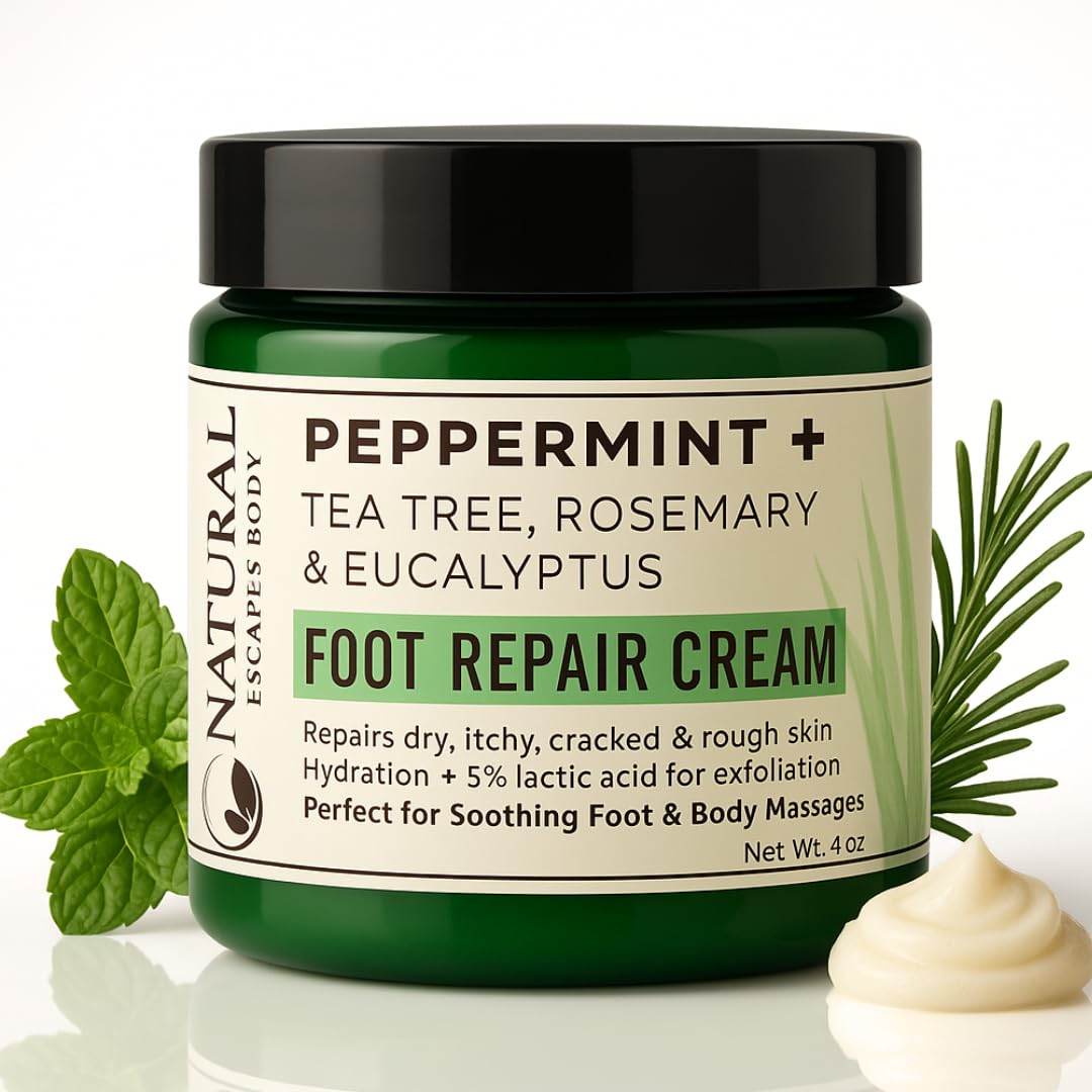Peppermint + Rosemary, Eucalyptus & Tea Tree Foot Cream for Dry Cracked Heels and Feet - Moisturizing Foot Lotion for Cracked Heel Repair - Callus Remover with Lactic Acid (4 oz)-Velvo Beauty