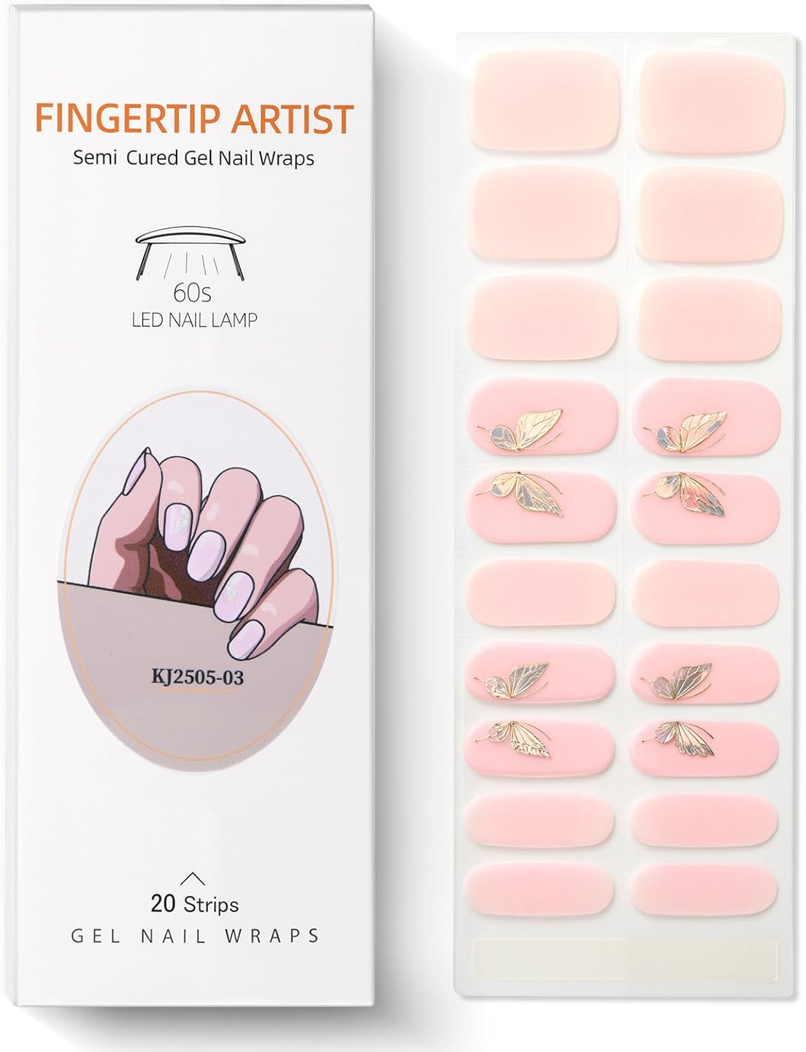 Semi Cured Gel Nail Strips with Butterfly Designs Gel Nail Stickers Glitter Full Cover Nails Wraps Need UV/LED Light with 2 Prep Pads 1Wooen Stick 1Nail File for Women 20Pcs-Velvo Beauty