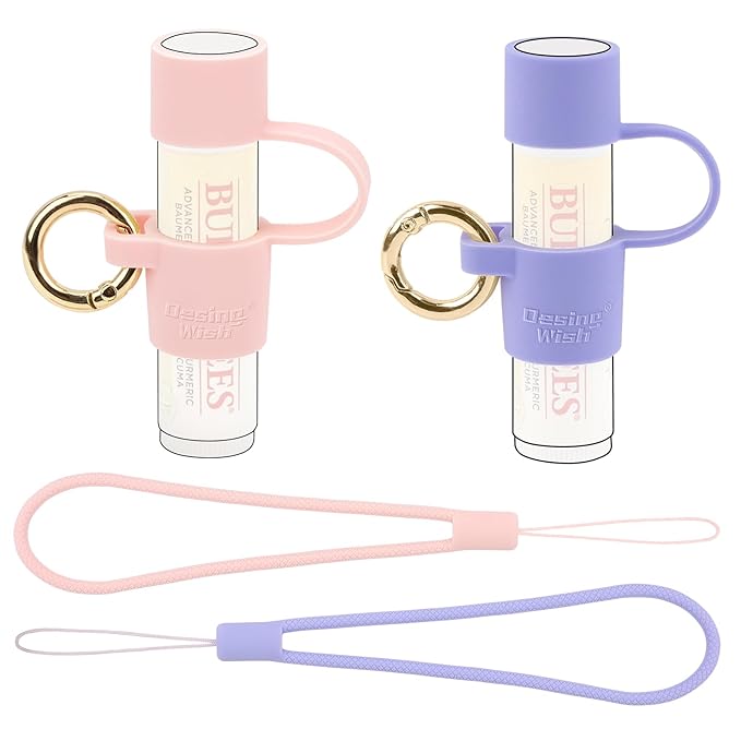 Desing Wish 2 PCS Silicone Lip Balm Holder with Cap Cover Portable Chapstick Holder Keychain Sleeve Lip Balm Key Chain with Key Ring and Wrist Strap Lanyard - Pink/Purple-Velvo Beauty