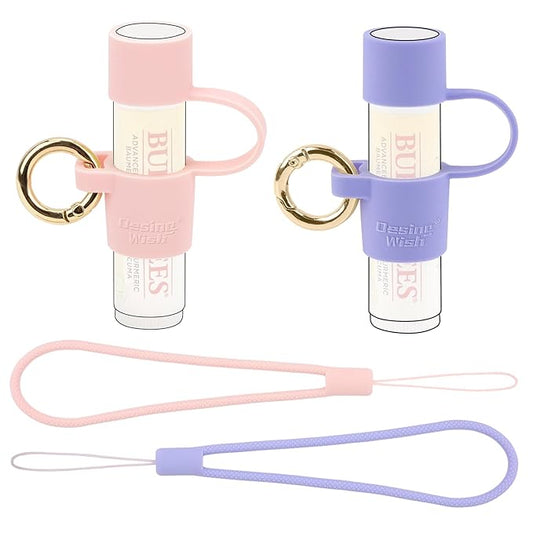 Desing Wish 2 PCS Silicone Lip Balm Holder with Cap Cover Portable Chapstick Holder Keychain Sleeve Lip Balm Key Chain with Key Ring and Wrist Strap Lanyard - Pink/Purple-Velvo Beauty