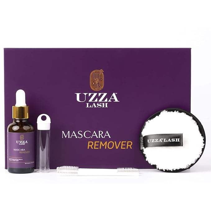 UZZA Lash Eye Makeup Remover - Waterproof Mascara Remover for Sensitive Eyes - Natural Make up Remover - Hygienic Kit Includes Eyelash Brush, Reusable Pads, Cleanser Liquid 1oz-Velvo Beauty