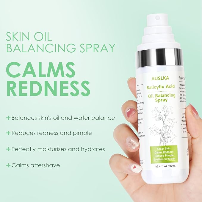 AUSLKA Salicylic Acid Oil Balancing Spray with 2% Salicylic Acid Regulates Skin Balance for Pimple and Oily Skin, Fruit Acid Spray for Face & Body (3.4 Fl Oz)-Velvo Beauty